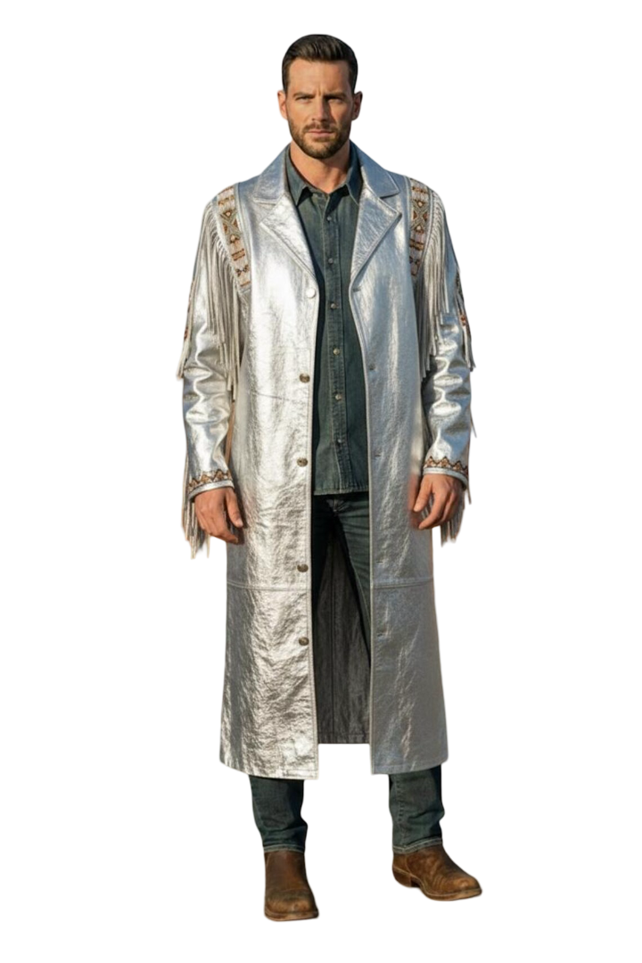 Front view of men silver fringe Western duster coat in genuine cowhide leather