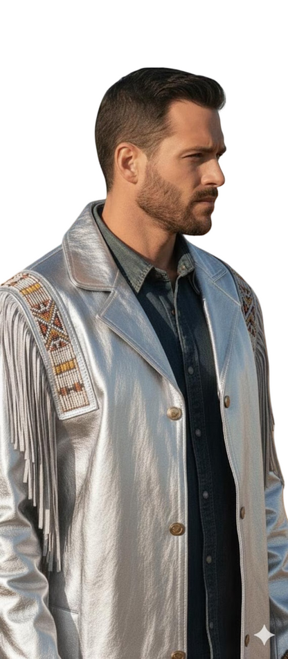 Close up detail of genuine cowhide leather silver fringe duster coat