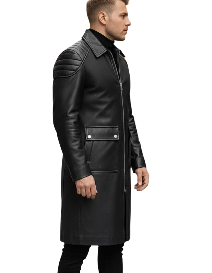 Side profile of men black leather trench coat with modern silhouette