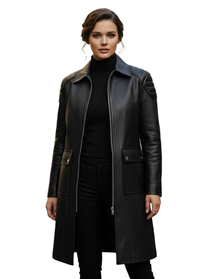 Front view of women black leather trench coat with industrial zipper closure