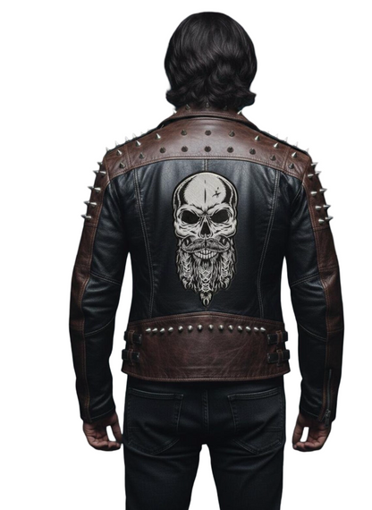 Back view of leather biker jacket with skull patch design