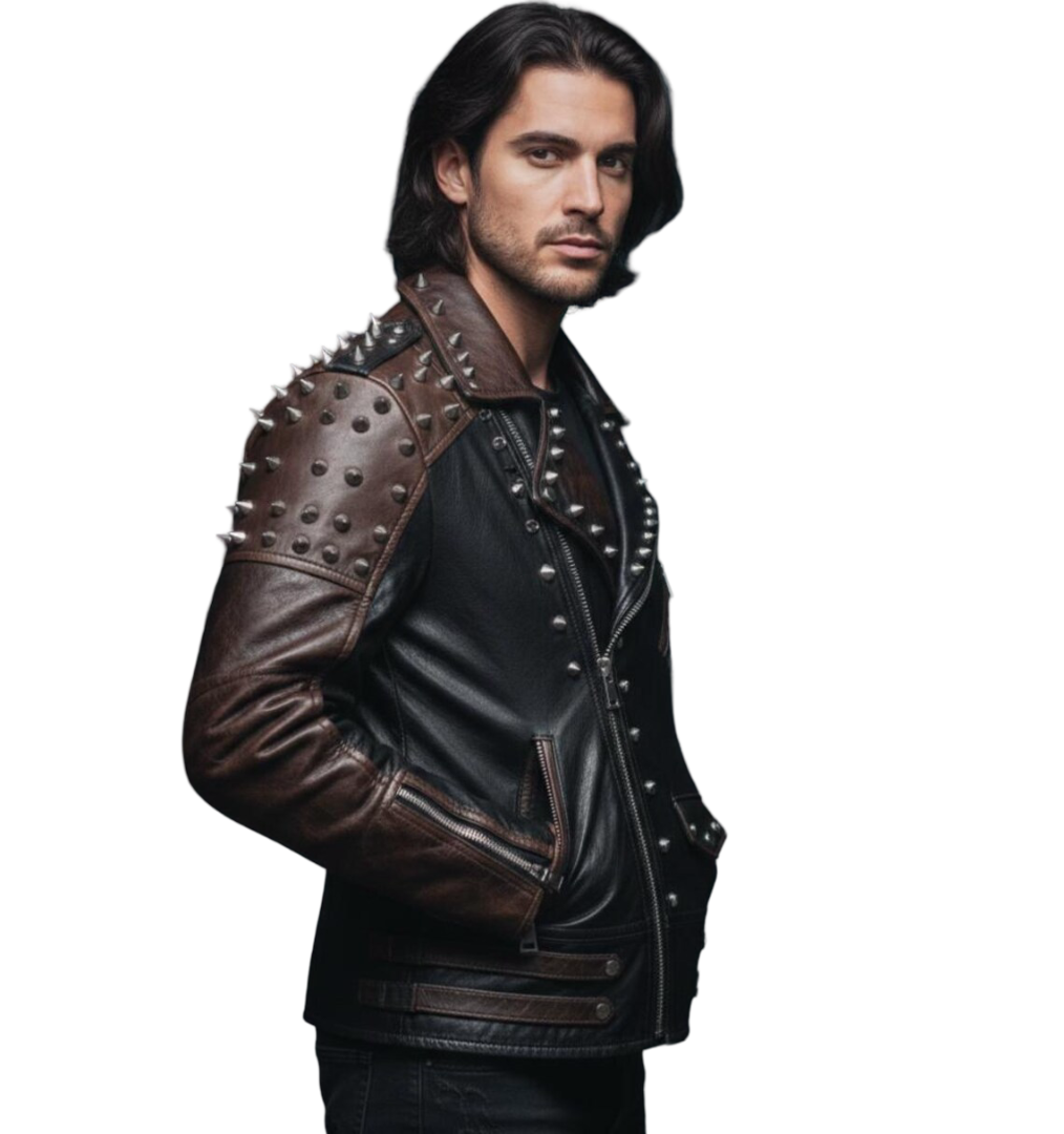 Punk style leather jacket with bold skull back patch