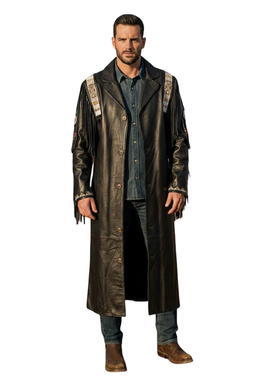  Front view of Western Cowboy Fringe Leather Duster Coat in genuine cowhide leather