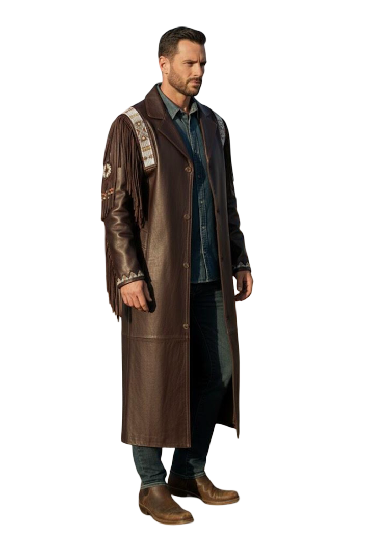 Side view of Western fringe leather duster coat for men