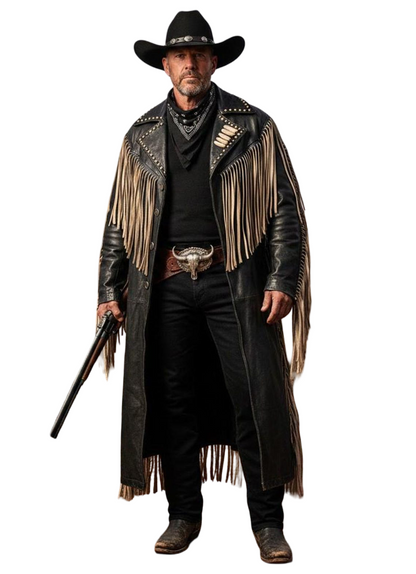 Front view of men native Western fringe duster coat in genuine cowhide leather