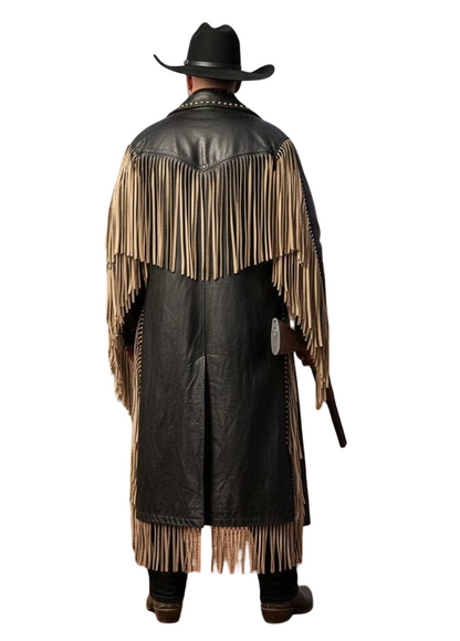  Back view of Western cowboy fringe leather long duster coat