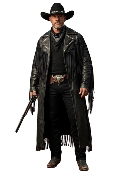 Front view of men black fringe Western duster coat in genuine cowhide leather
