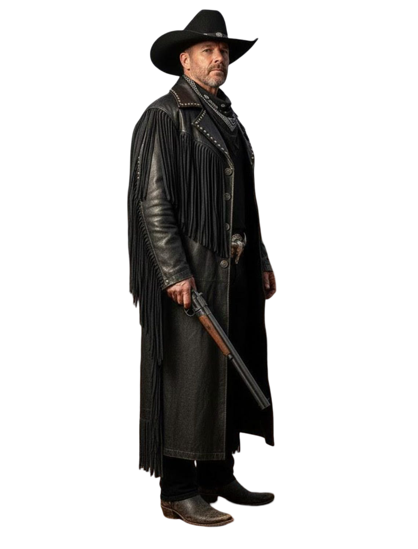 Side view of men black fringe cowboy duster coat
