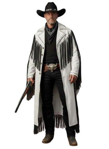 Front view of men white fringe Western duster coat in genuine cowhide leather