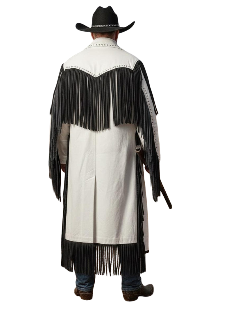  Back view of white on black fringe Western leather duster coat