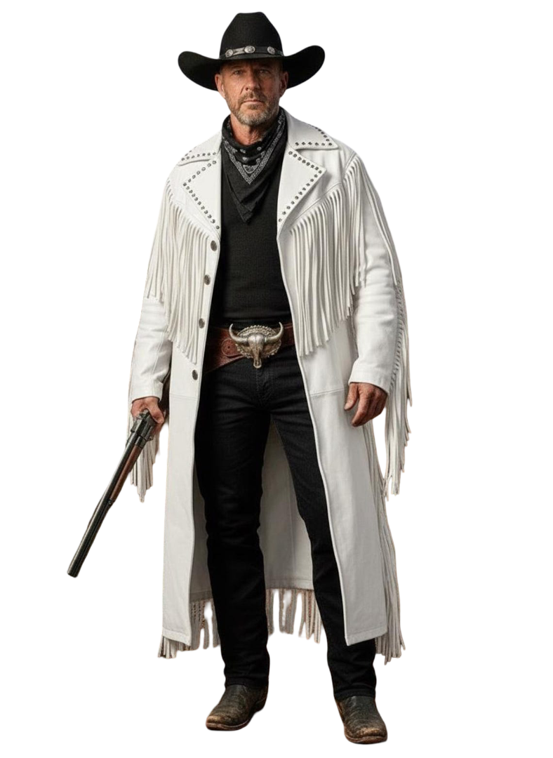 Front view of handmade men white cowhide leather fringe duster coat

