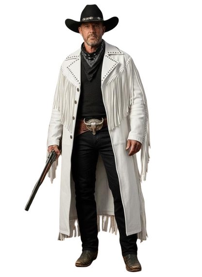 Front view of handmade men white cowhide leather fringe duster coat

