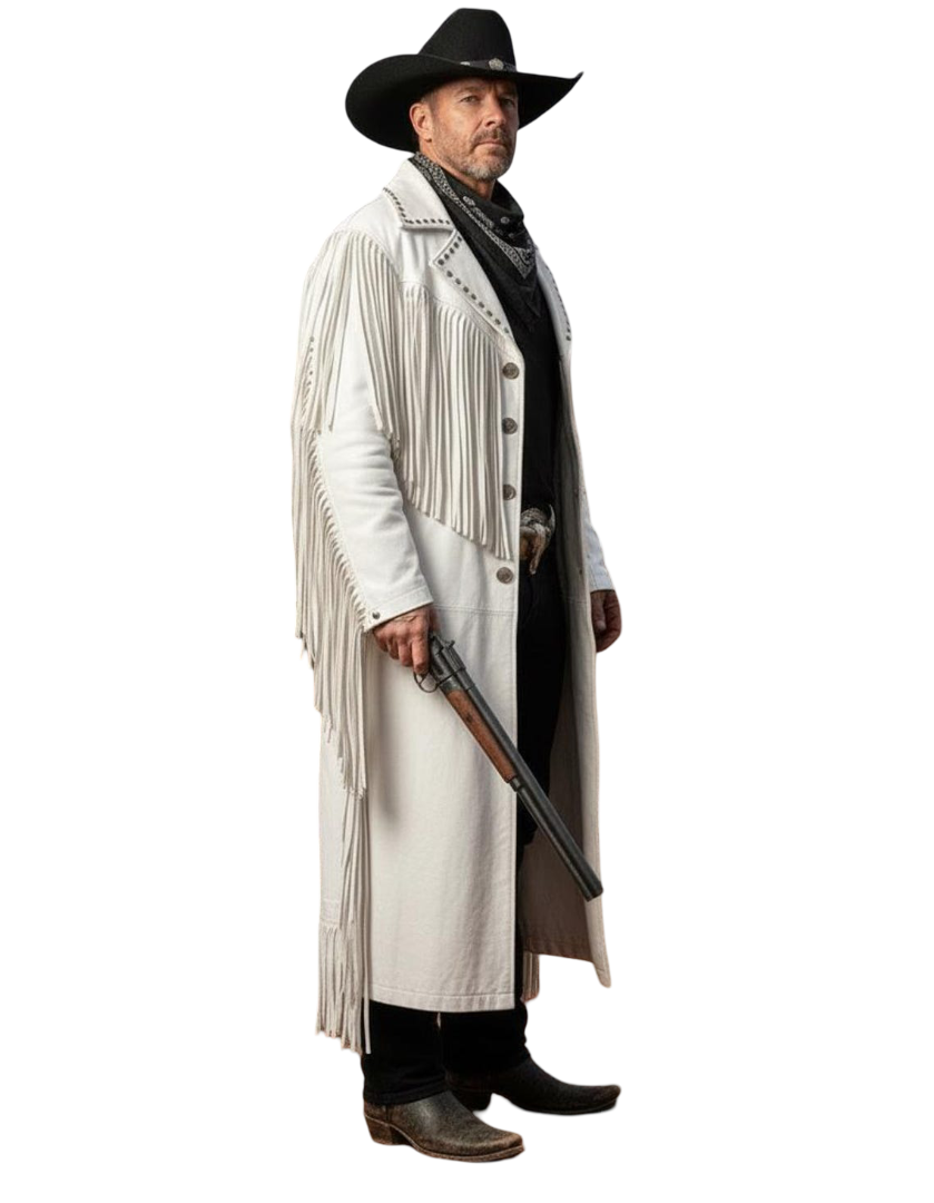 Side profile of Western inspired white cowhide leather long coat