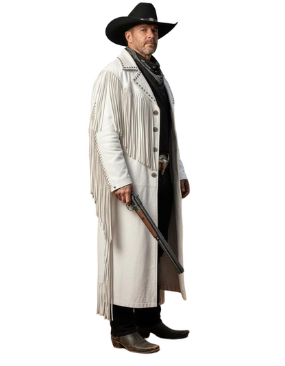 Side profile of Western inspired white cowhide leather long coat