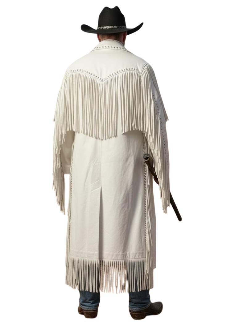  Back view of men white Western fringe leather duster coat