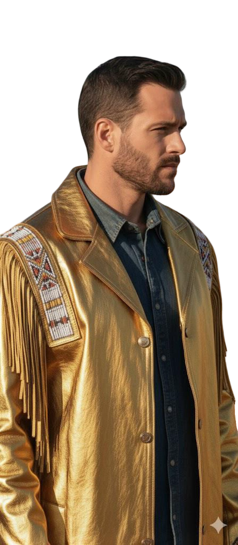 Close up of genuine cowhide leather golden fringe detailing