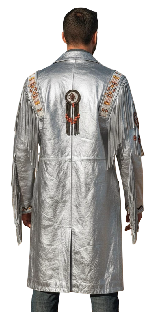Side view of men silver fringe Western duster coat in genuine cowhide leather showing long silhouette and fringe detail