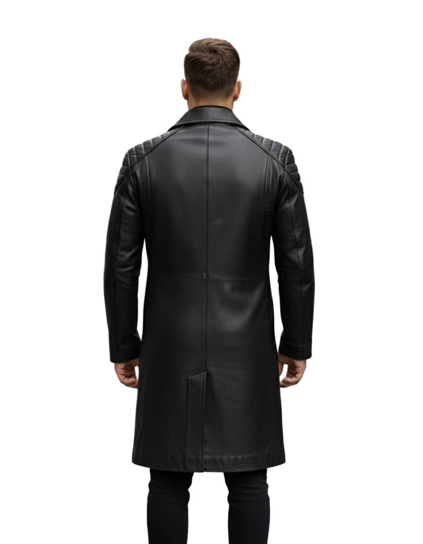 Back view of genuine leather men black trench coat
