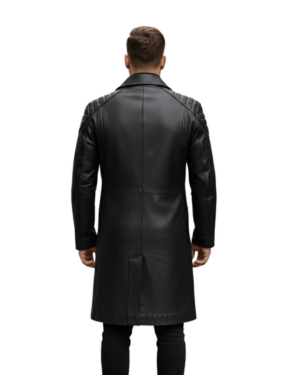Back view of genuine leather men black trench coat