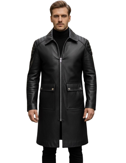Front view of men black leather trench coat with industrial zipper