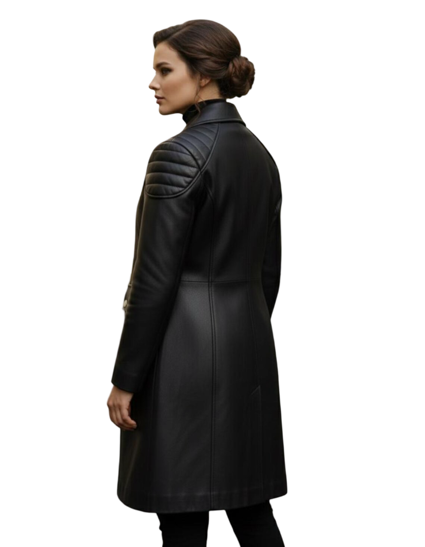 Streetwear outfit styled with long black leather trench coat for women