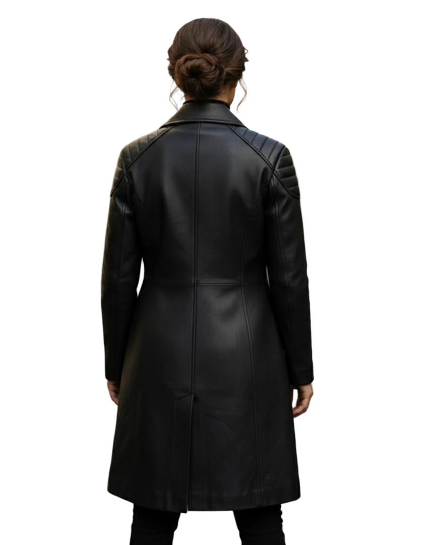 Back view of genuine leather women black trench coat
