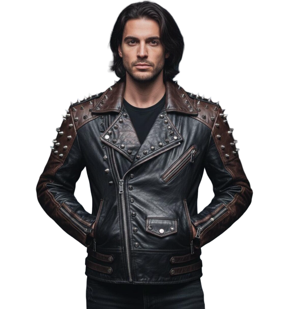 Front view of men black brown studded leather biker jacket