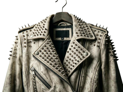 Close up of spike detail on Brando leather long coat