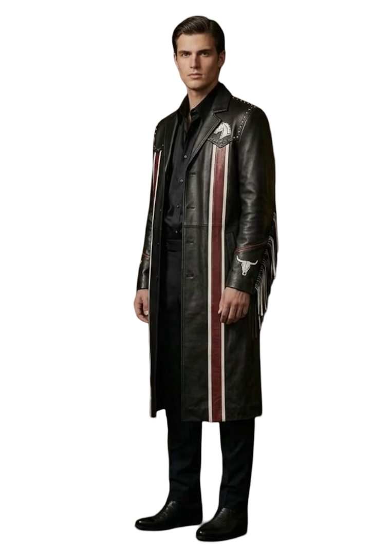 Side angle of black leather fringe trench coat for men