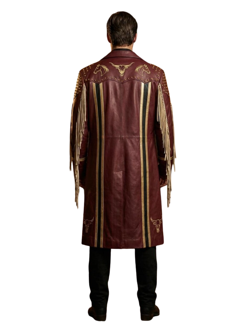 Back view of mens western leather long overcoat in burgundy