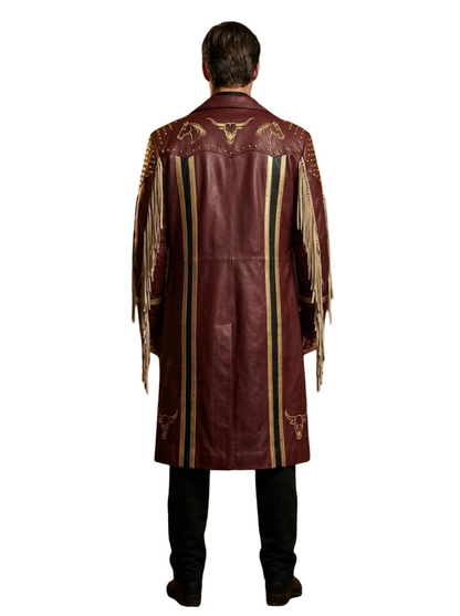 Back view of mens western leather long overcoat in burgundy