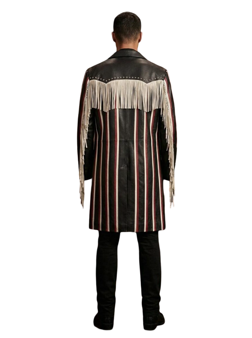 Back view of gothic streetwear long coat with embroidery