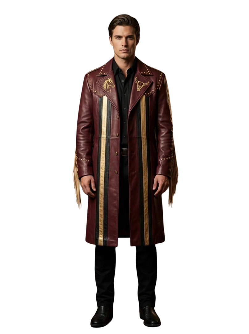 Front view of handmade gothic punk long leather coat with bull skull embroidery