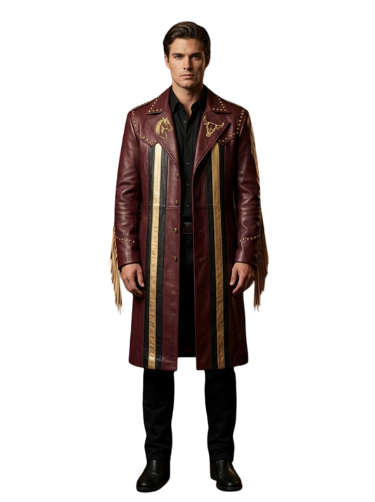 Front view of handmade gothic punk long leather coat with bull skull embroidery