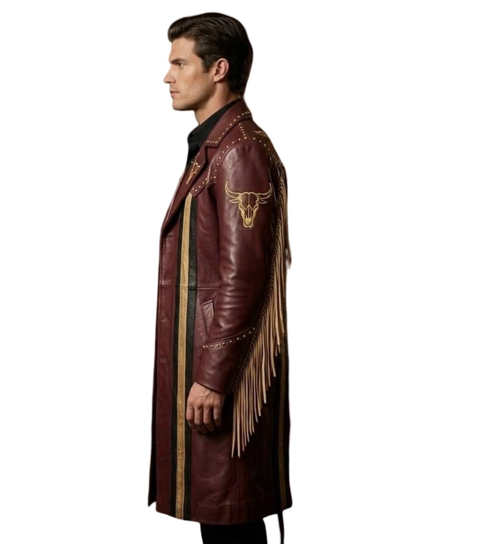 Side angle of gothic western leather coat with bull skull embroidery