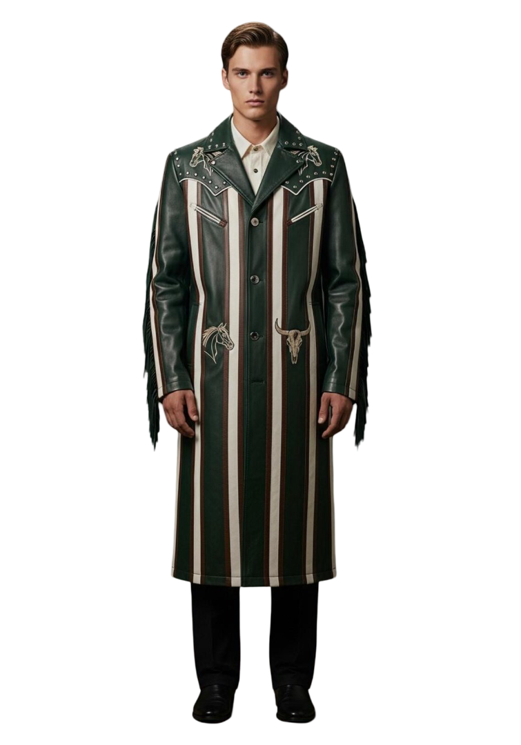 Front view of men western green leather trench coat with striped detail