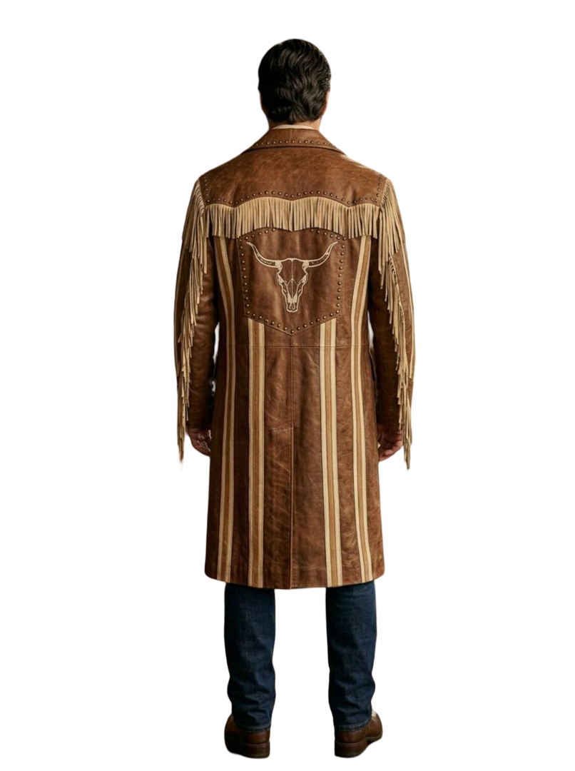 Back view showing embroidered cow skull and horse artwork on leather duster coat