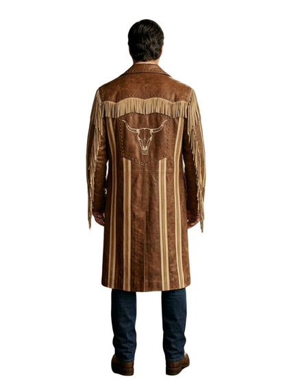 Back view showing embroidered cow skull and horse artwork on leather duster coat