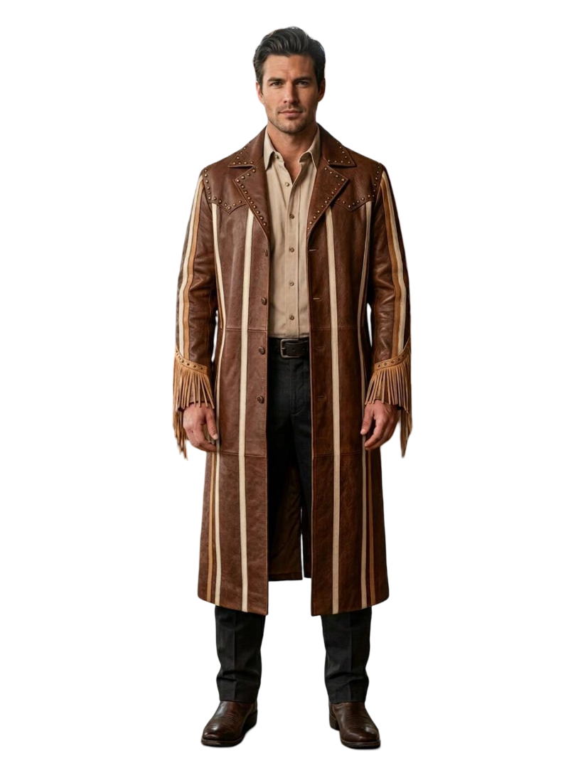Front view of men western brown leather duster coat with striped fringe