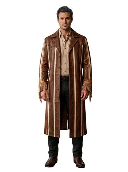 Front view of men western brown leather duster coat with striped fringe
