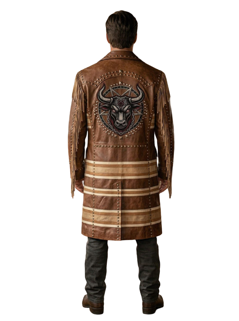 Back view showing embroidered bull head on western leather duster coat