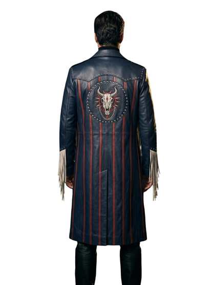 Back view showing bull skull embroidery on navy leather trench coat