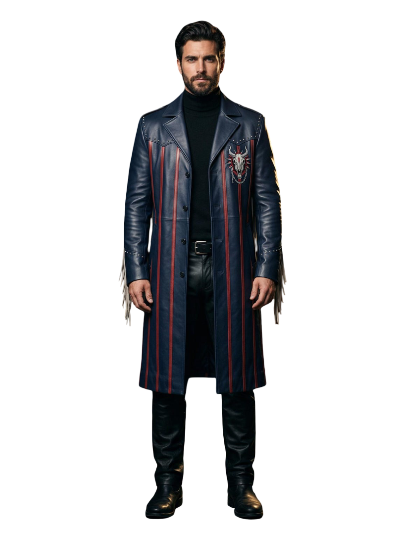 Front view of men navy leather trench coat Gothic Western duster