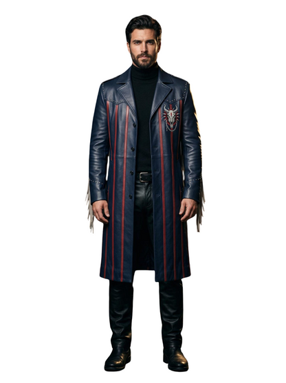 Front view of men navy leather trench coat Gothic Western duster