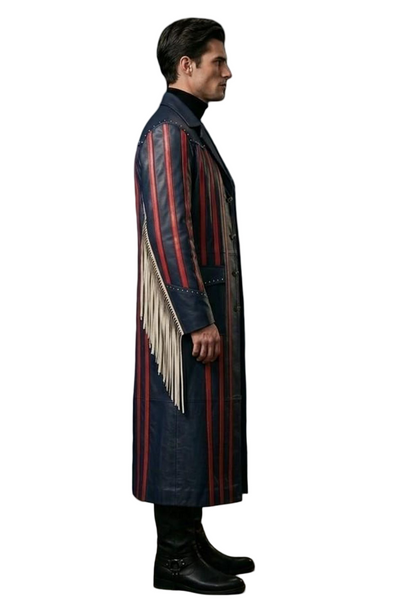 Side view of men navy leather western duster coat with red stripe detail and fringe