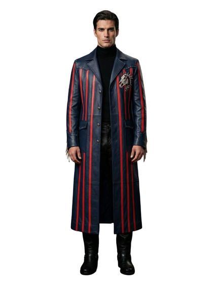 Front view of men navy leather western duster coat with red stripe detail