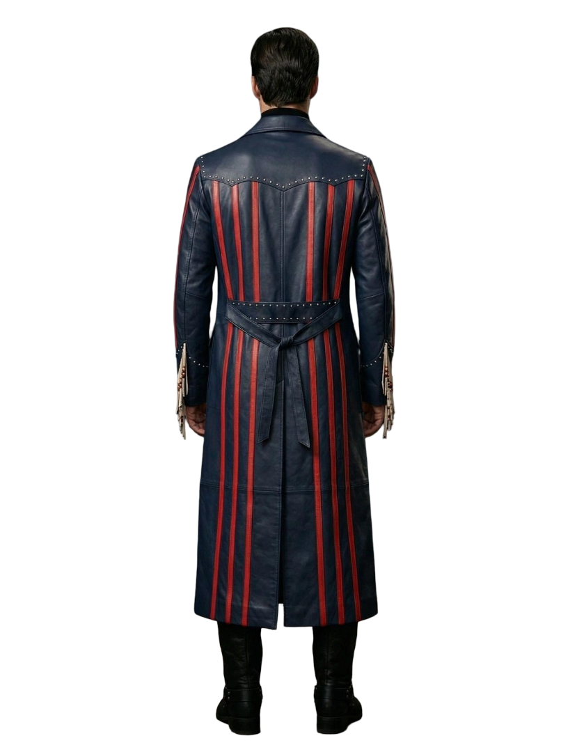 Back view showing embroidered horse skull on navy leather western coat