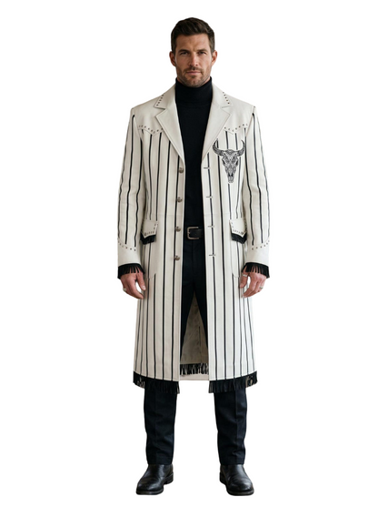  Front view of men white leather western duster coat with black stripes