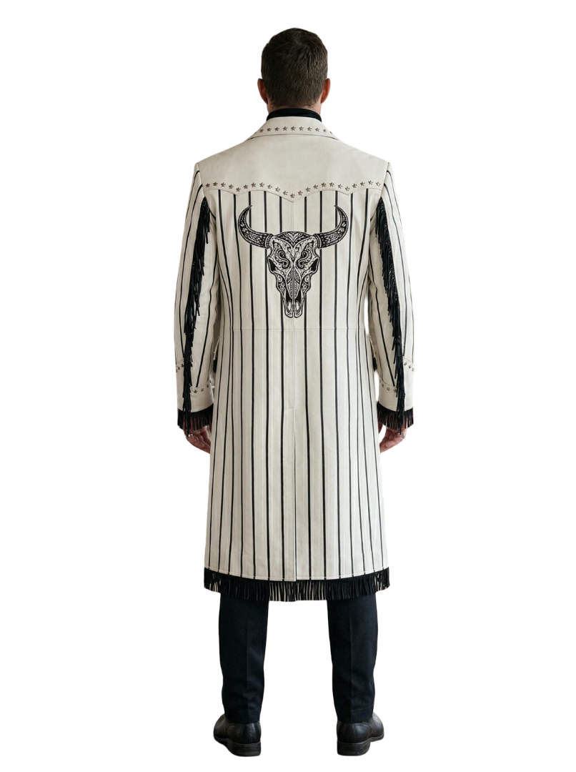  Back view showing embroidered bull and horse skull artwork on western leather coat