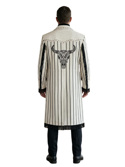  Back view showing embroidered bull and horse skull artwork on western leather coat